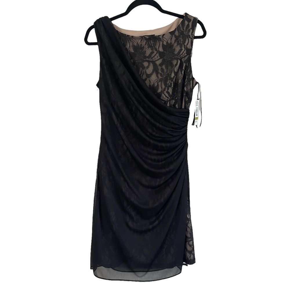 R&M Richards Womens Dress Size 14 Black and Taupe Lace Floral Formal